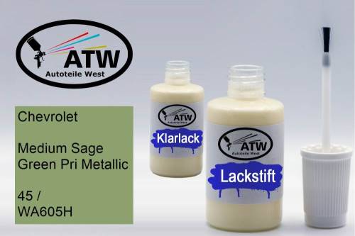 Chevrolet, Medium Sage Green Pri Metallic, 45 / WA605H: 20ml Lackstift + 20ml Klarlack - Set, von ATW Autoteile West.